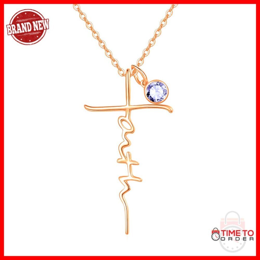 Faith Cross Birthstone Pendant Necklace Elegant Minimal Christian Jewelry Gift